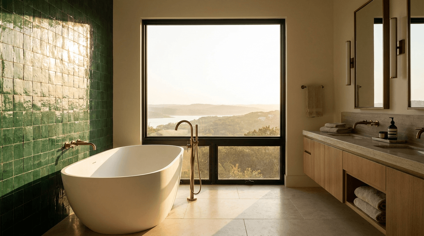 Master bathroom remodel with copper fixtures overlooking Lake Travis