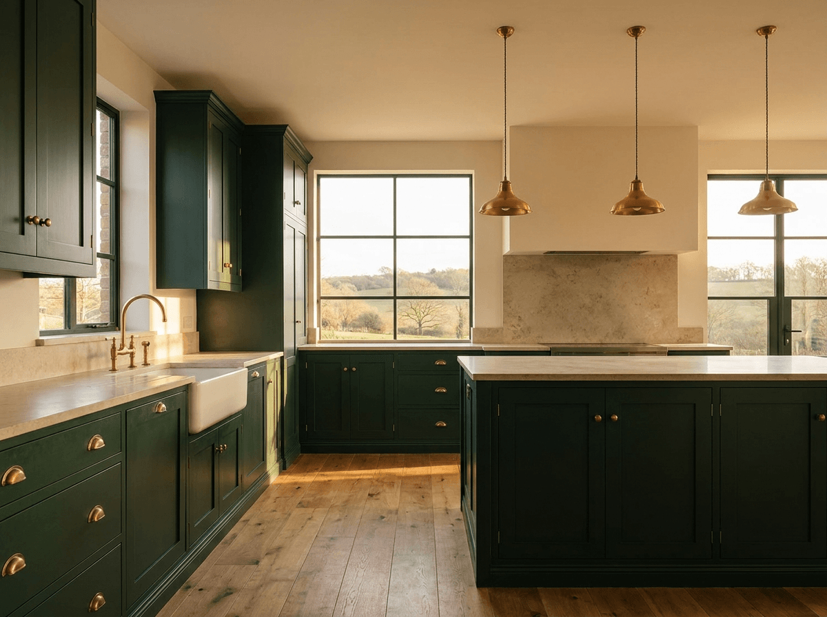 Forest-green kitchen remodel with brass fixtures